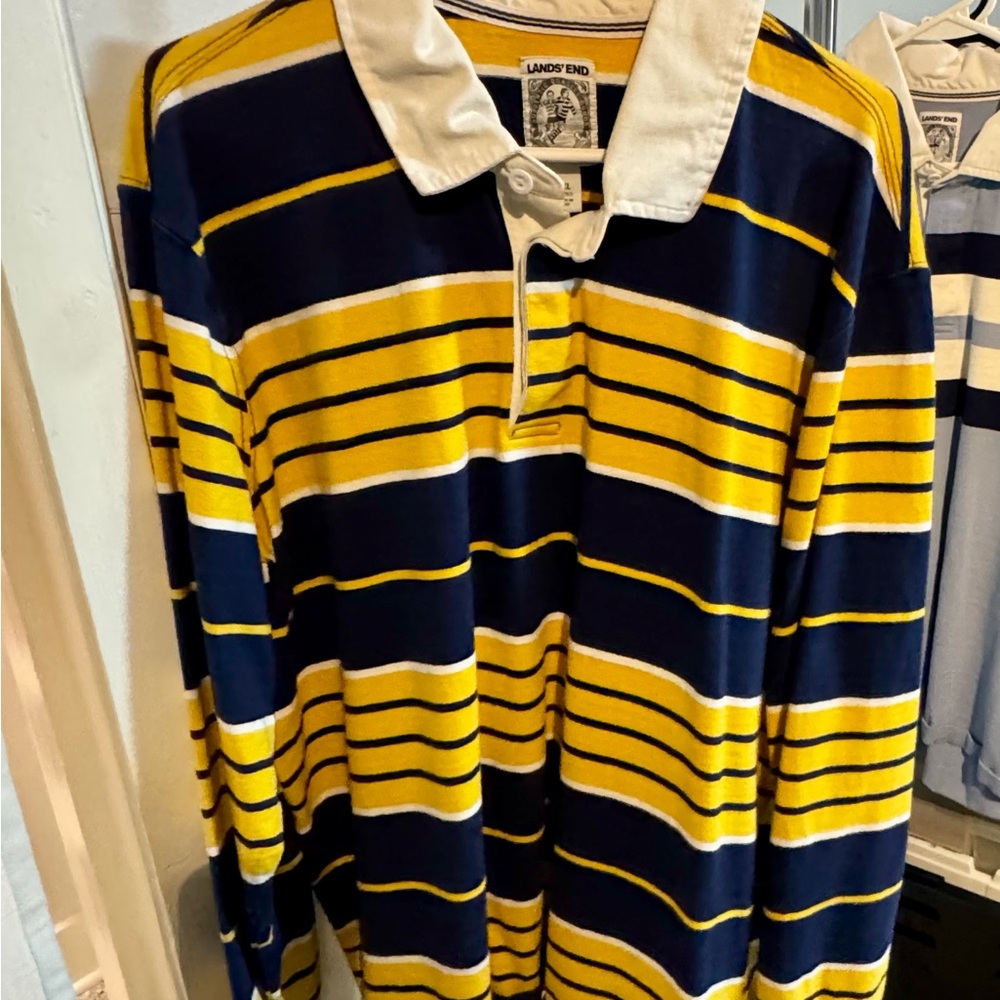 Lands' End Blue and Yellow Striped Rugby Shirt